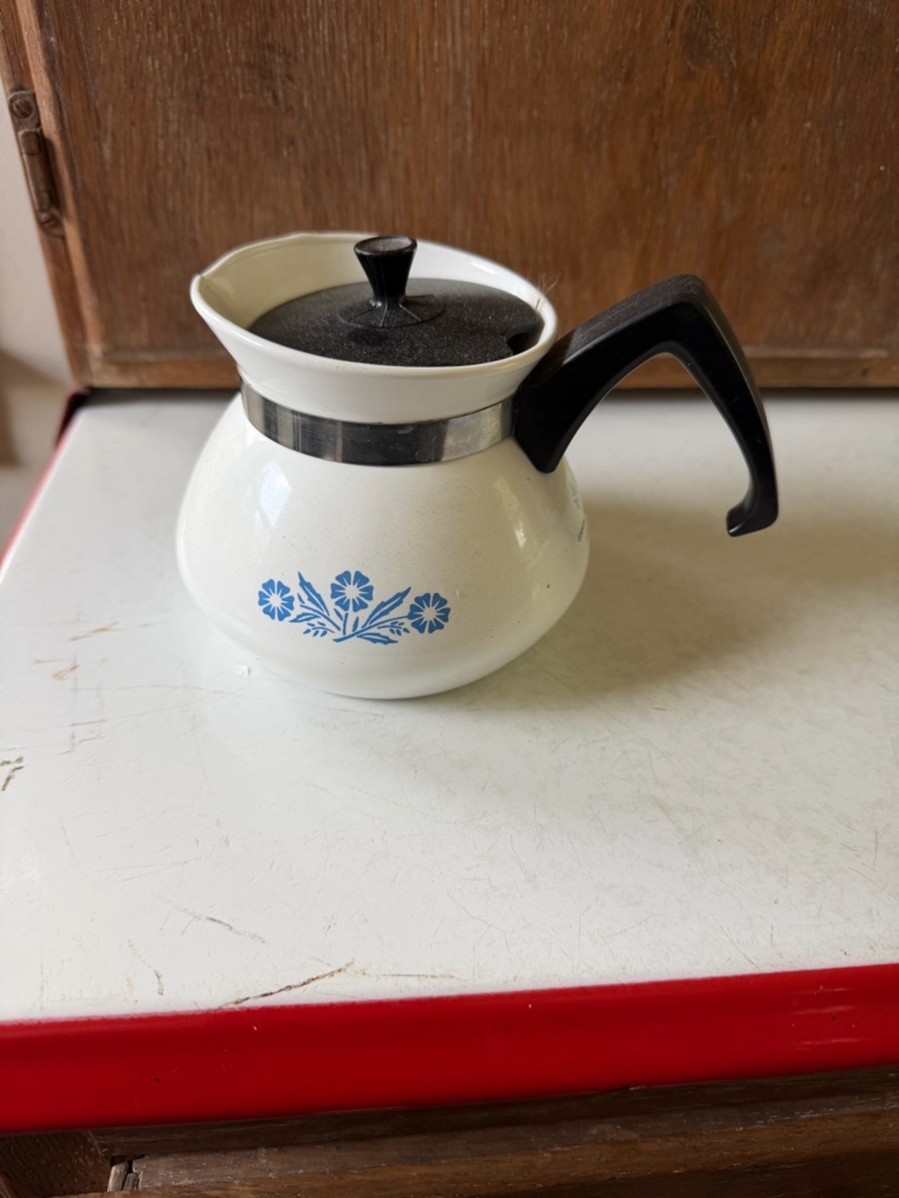 Corningware White Percolator with Blue Floral Motif and Black Handle
